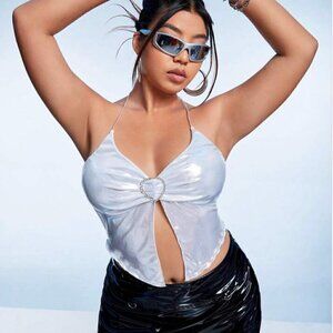 Heart Ring Linked Tie Backless Halter Top Silver Size XS